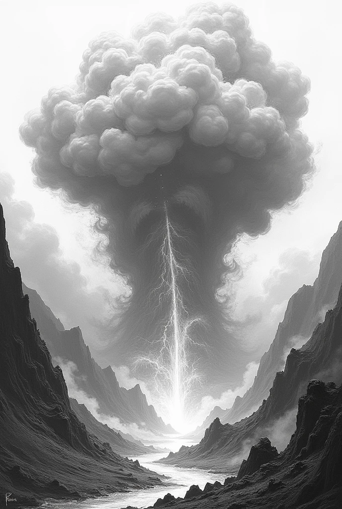 Volcano erupting coming towards me, black and white drawing