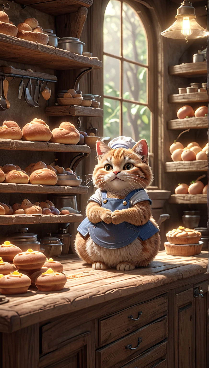 High resolution, masterpiece, Highest quality, Super detailed, Super detailed, Ultra-realistic, Pixar Rendering, unreal engine Cinematic smooth, Exquisite detail, Cinematic,A fluffy kitten in a small apron and a chef's hat, carefully frosting a cake in a charming forest café. The café is filled with warm and soft lighting, with rustic tables and shelves displaying small jars of fruit jams and fresh bread.