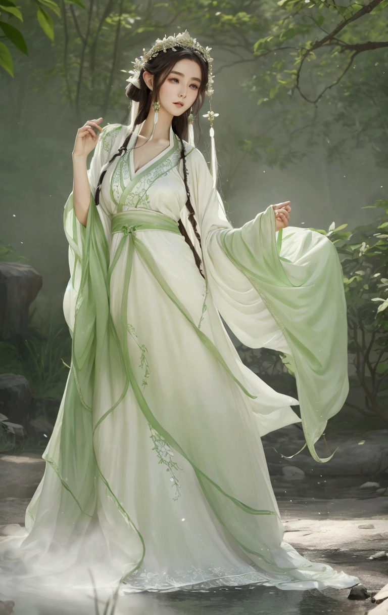 a close up of a woman in a dress with a green dress, white hanfu, wearing a flowing dress, flowing dress, flowing magical robe, hanfu, ancient white dress, beautiful elven princess, fantasy style clothing, beautiful elegant dryad, elven princess, beautiful fantasy maiden, beautiful and elegant elf queen, very beautiful elven top model, flowing robes