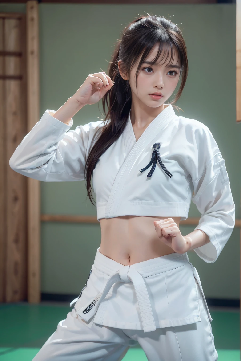 ( I can see a sporty bra)、((( Empty hand suit )))、 Female karateka with bangs and ponytail、The belly button and lower chest are visible、shiny skin、(( embarrassed face taken with Xiaomi 9C))、((Turn away))、((Look to the side))、((Blushing))、(Teary-eyed)、cry、(((Karate Dojo)))、((Delicate photos))，(Masterpiece detailed RAW photos:1.25), ( best quality:1.6), ( ultra high resolution:1.5), (Realistic:1.75), 8k resolution,  Canon EOS R5 , 50mm,  absurd, Super detailed, Movie Lighting、(( Sporty panties visible ))、(((Take off your pants)))、