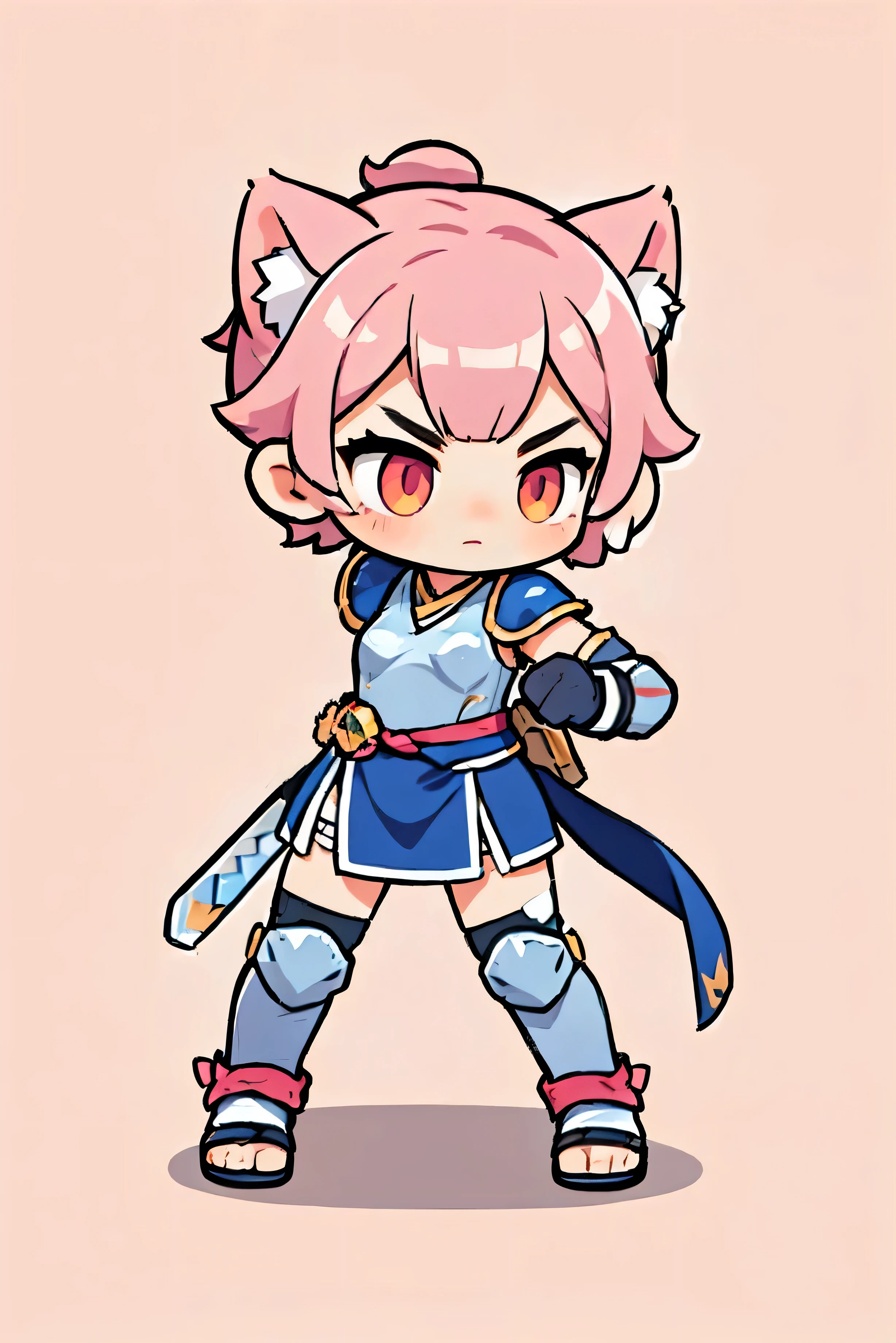 Short hair, cat ears, cute female warrior style, European RPG Warrior Full Body Armor, Hero pose with a sword and wield. dynamic pose, Battle Action , 3 tall , Natural background. pink hair, Costume Full Body Iron Armor , Costume color pink and white , Full Body Protection , red eyes, Rotating and attacking action , Sleek ninja-like pose