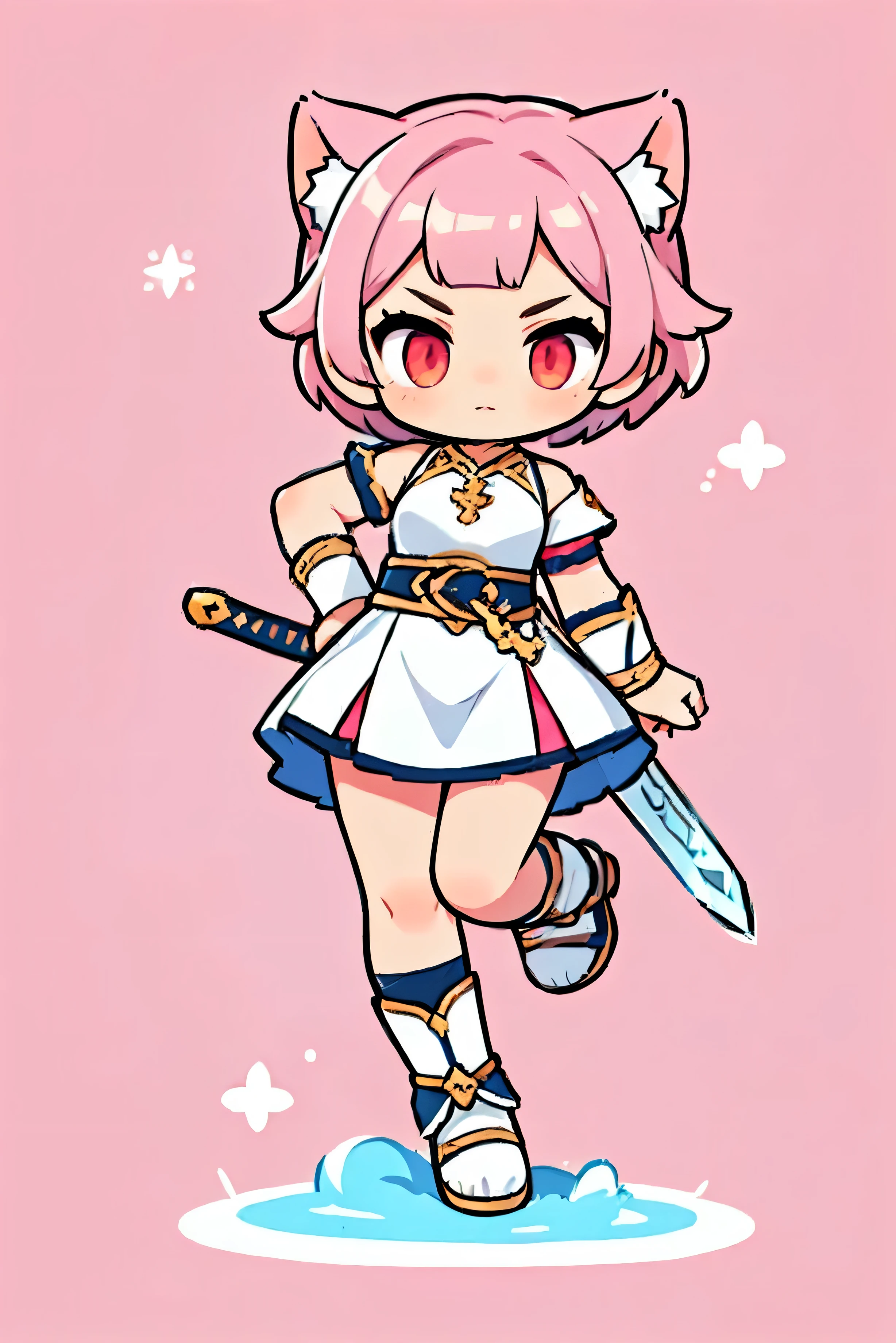 Costume color white, Short hair,  cat ears,  cute female warrior style, European RPG Warrior ,  Greek Style Outfit,  Hero pose with a sword and wield.  dynamic pose, Battle Action ,  3 tall , Natural background.  pink hair,  Full Body Protection ,  red eyes,  Rotating and attacking action , Sleek Pose 