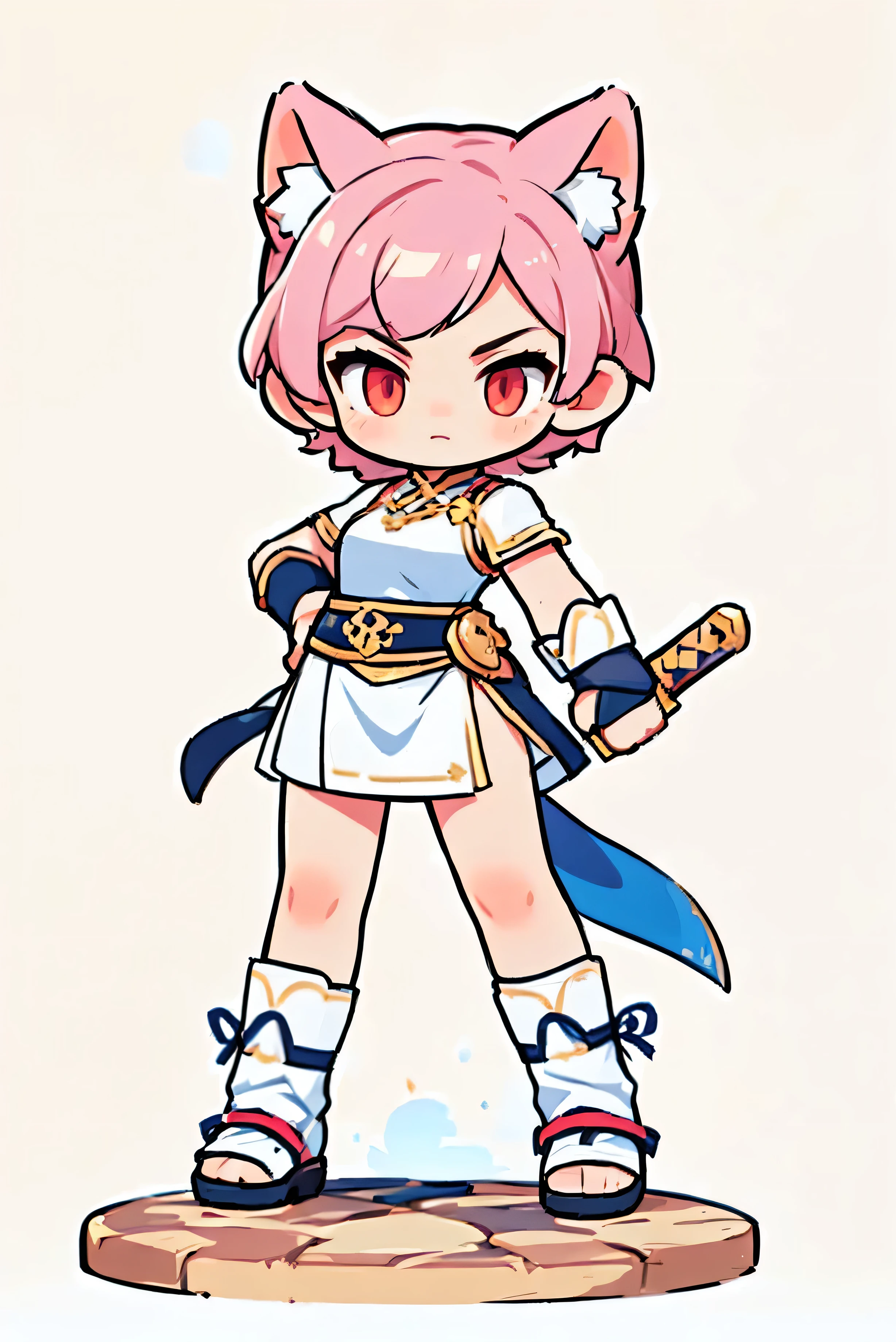 Costume color white, Short hair,  cat ears,  cute female warrior style, European RPG Warrior ,  Greek Style Outfit,  Hero pose with a sword and wield.  dynamic pose, Battle Action ,  3 tall , Natural background.  pink hair,  Full Body Protection ,  red eyes,  Rotating and attacking action , Sleek Pose 