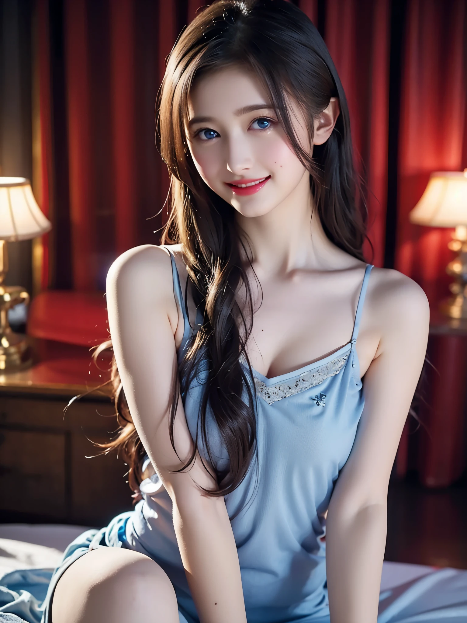 warm smile (red lips), golden long hair,blue eyes,blue dress,white stockings,jewelry necklace, small breasts, pale girl