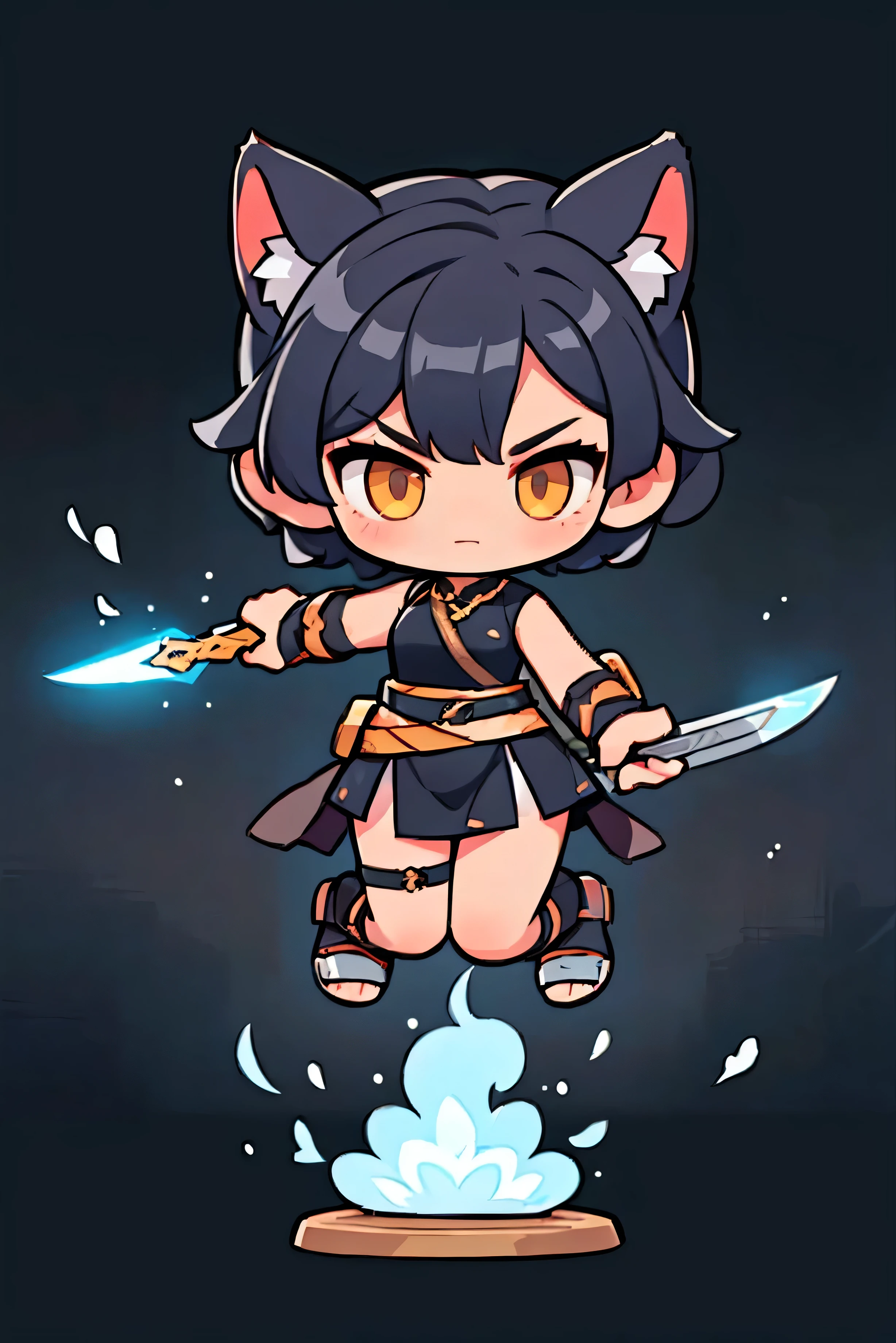  Costume Color Black and Gray , Short hair,  cat ears,  cute female warrior style, European RPG Warrior ,  Greek Style Outfit,  Hero pose with a sword and wield.  dynamic pose, Battle Action ,  3 tall , Natural background.  Dark Black Hair ,  Full Body Protection ,  Color Eyes ,  Rotating and attacking levitation