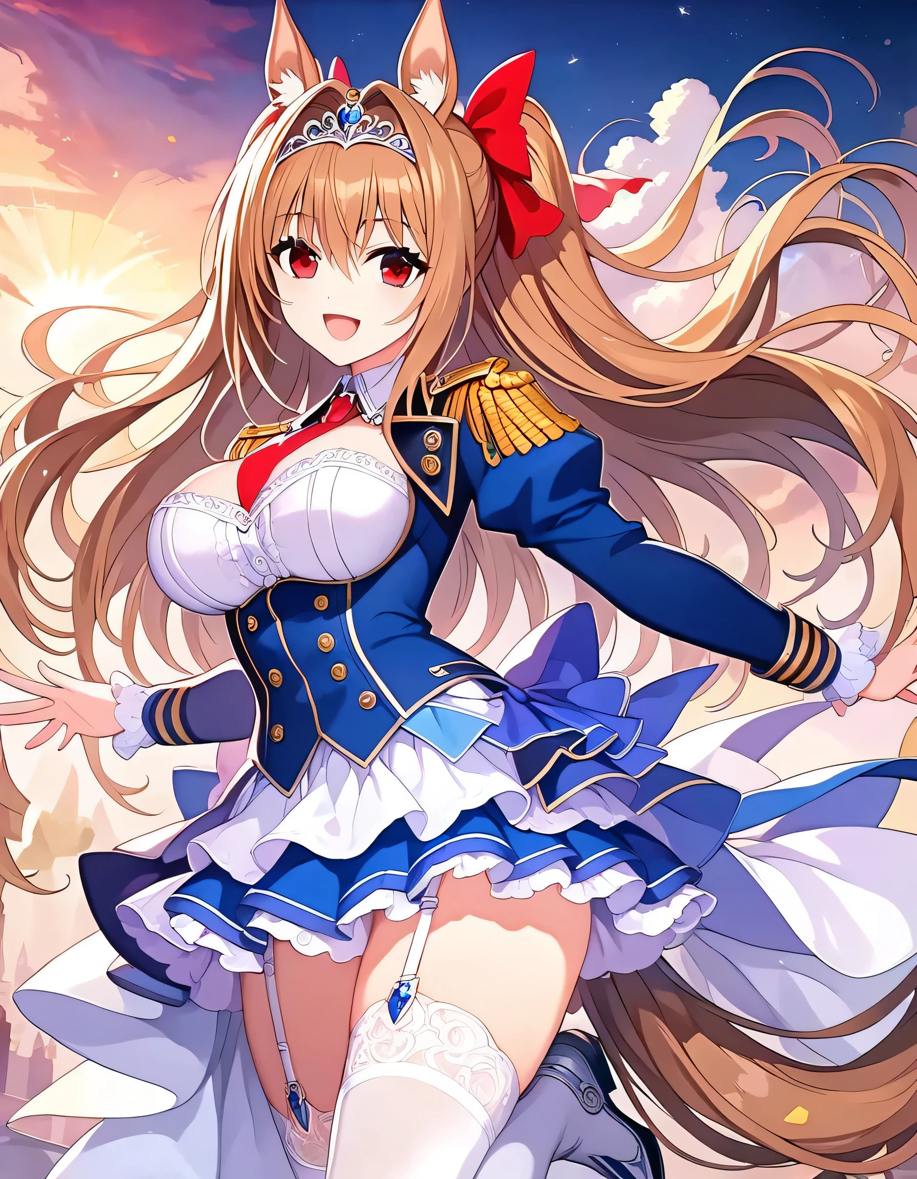  Daiwa Scarlet  (Horse Girl), red eyes, Horse&#39;s ears, Long Hair,  twin tails,  tiara , Horse's Tail, very Long Hair,  brown hair, Epaulettes,  garter belt ,  Long Sleeve ,  big breasts at the temple, red eyes,  bow tie, bangs,  Puff Sleeves,  blue jacket ,  White Thigh Socks , center frills,  white shirt, Hair between the eyebrows, White Skirt,  blue skirt ,  hair bow,  happy , smile,  absurd,  Hi-Res, ( Official Art,   Beautiful and Aesthetic:1.4),  ultra detail , Aerial, Beautiful person,  dynamic poses,  dynamic angle, nature, A vast world, Bright Sky, Cloudy, Star Effect,   knight ,