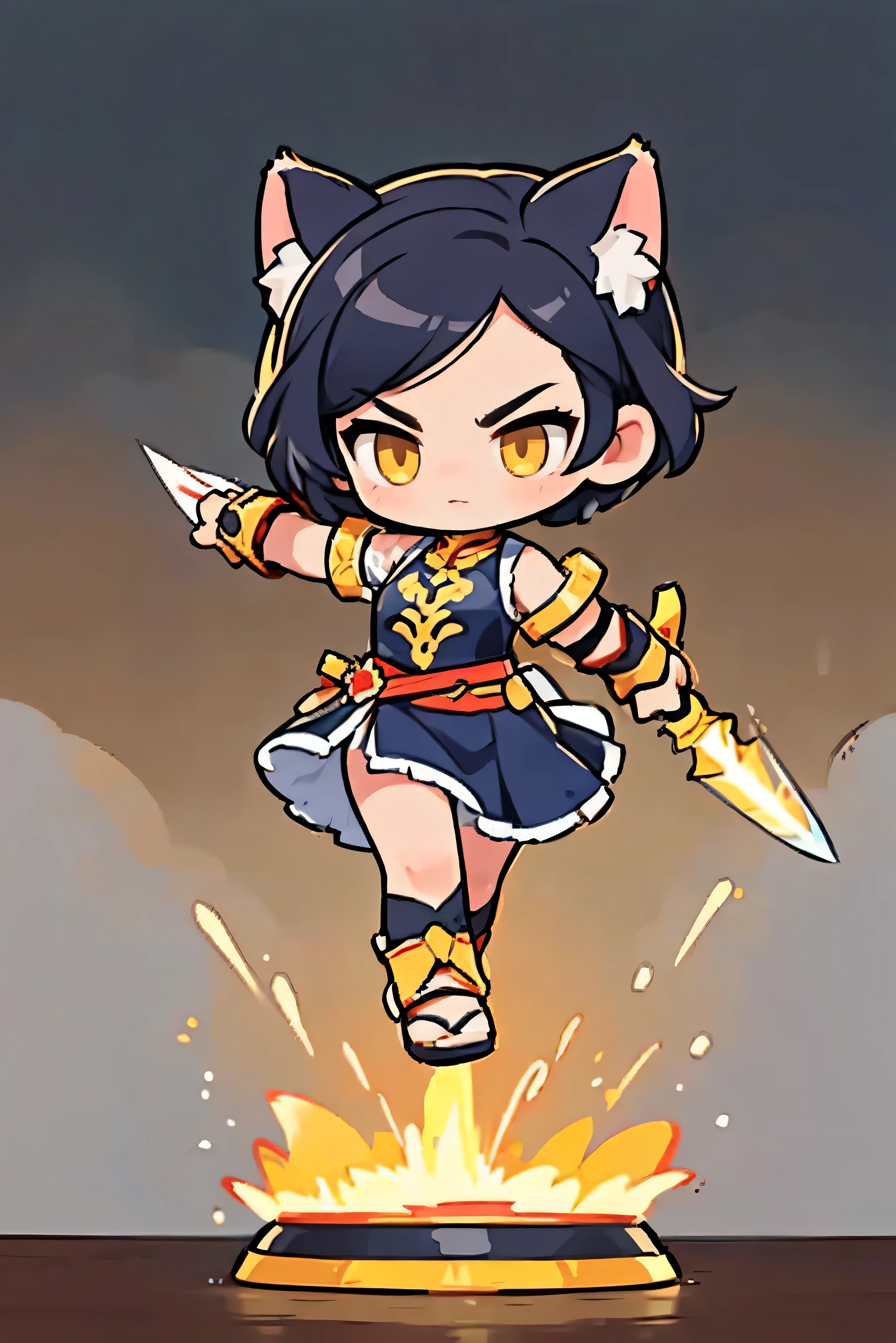 Costume color yellow and red, Short hair,  cat ears,  cute female warrior style, European RPG Warrior ,  Greek Style Outfit,  Hero pose with a sword and wield.  dynamic pose, Battle Action ,  3 tall , Natural background.  Dark Black Hair ,  Full Body Protection ,  gray eyes ,  Rotating and attacking levitation