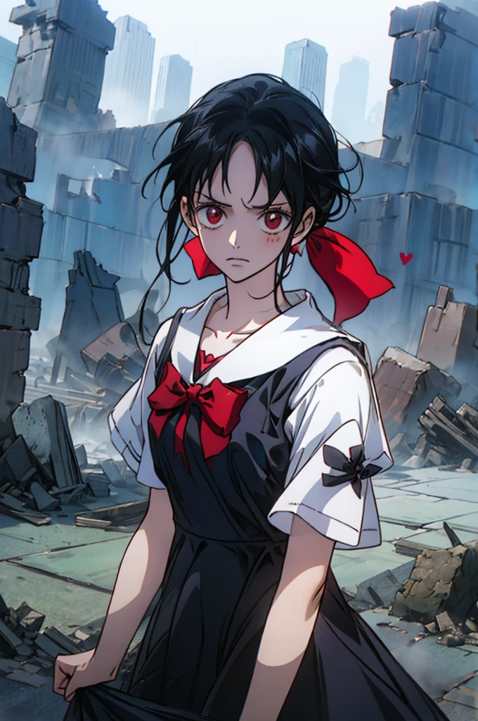 High-quality image of a young woman with a frightened yet determined expression. She wears a sleeveless black dress layered over a short-sleeved white shirt, with a red bow tied around the collar and a name tag pinned over her heart. Her once neatly styled hair is now disheveled, and her dress, face, and limbs are smudged with dust. The background features the sea and the ruins of several buildings, emphasizing a sense of chaos and resilience. The scene captures her courage amidst adversity.