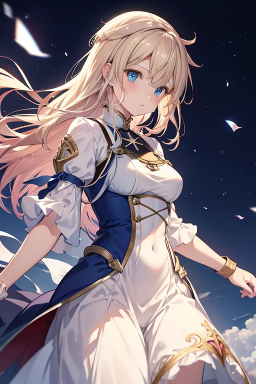 full color, Anime Style,  fantasy art, Automatically remember the human form, Only one person,  Precise Metal Prosthetic Hand , Arms Covered with Clothes , Blonde,  blue eyes, Quite an attractive appearance, , Letters to loved ones,  Violet Evergarden ,  blue and white clothes, 白いArms Covered with Clothes ,  sky background , sharp,  detailed and vivid depiction  ,  Fanart by Professional Illustrators, A fascinating piece,