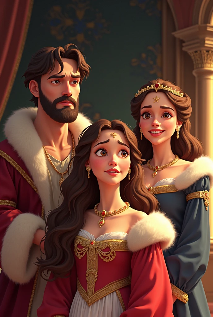 A king with wavy black hair and green eyes,
A queen with a beautiful dress,strawberry blonde hair golden color , light brown eyes A prince with strawberry gold blond hair, green eyes A prince with brown hair and blond green eyes Real photo , it is real