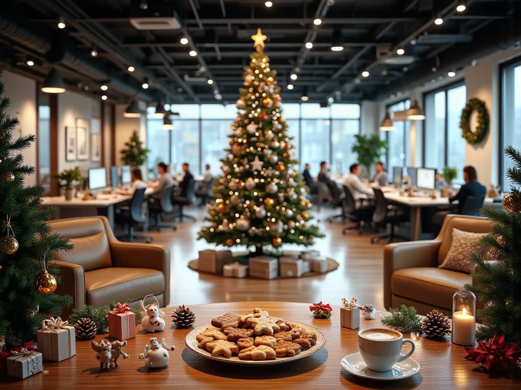  Masterpiece: 1.2, highest quality, ultra-high resolution, hyper-realistic, (panoramic image with high spatial depth and width, wide perspective, open open-plan office of an IT company 2. 0), with a large single Christmas tree in the center, decorated with baubles in orange, white and silver, festive decorations such as garlands, wreaths, fairy lights, poinsettias and pine cones are scattered around the room, several workstations with laptops visible, on the laptops virtual backgrounds for meetings-wintery or Christmas backgrounds for video calls, (in the foreground a cozy sitting area with comfortable armchairs, on the table is a plate with a selection of Christmas cookies-such as cinnamon stars, vanilla crescents and gingerbread, a simple white cup with steaming coffee, warm and festive atmosphere 1. 2), the entire room is richly decorated with decorations - such as fir branches, candles, poinsettias, small gifts, bells and candy canes, small figures of angels, Santa Clauses, sleighs, reindeer or Christmas elves, miniature Christmas trees and branches, all details clearly visible, (no blurring), very detailed and realistic, elements in the foreground, (middle ground and background clear and detailed), Format 1024x1080, 300 DPI)
