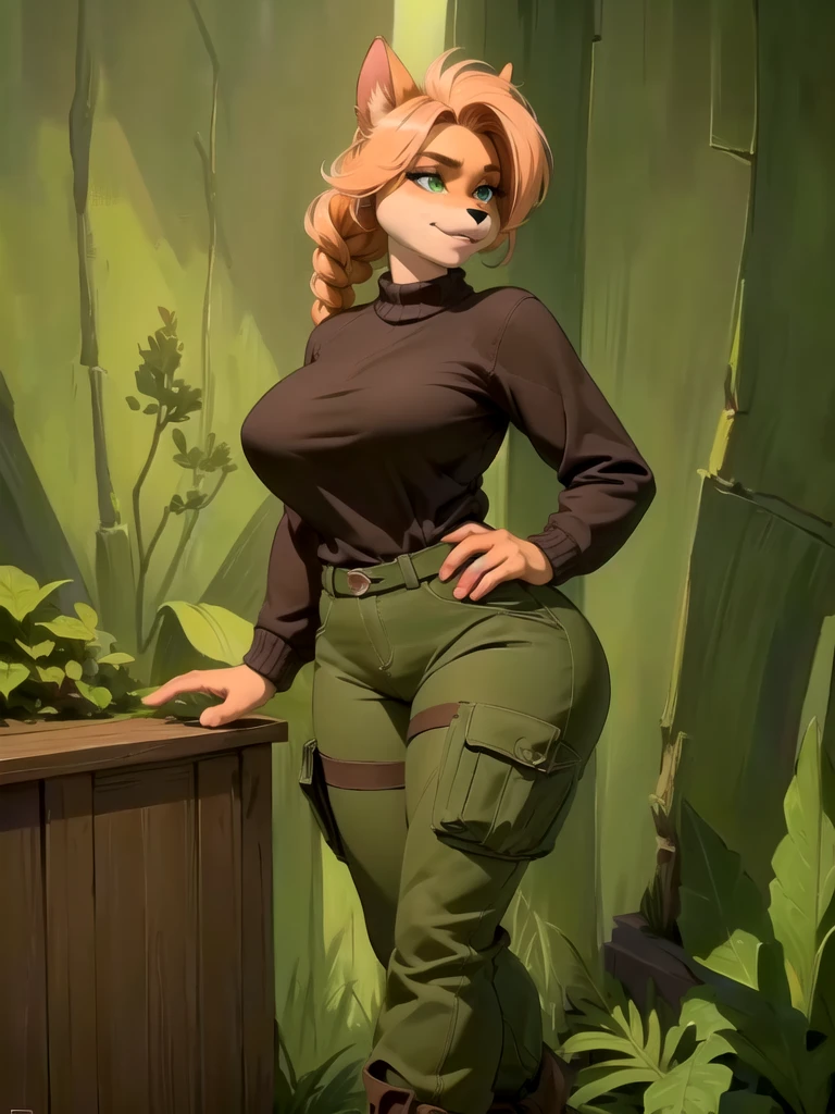 A furry anthro bandicoot girl,redhead braided hair,beautiful detailed green eyes,sexy seductive expression,warm sweater,camouflage pants,army boots,(best quality,4k,8k,highres,masterpiece:1.2),ultra-detailed,(realistic,photorealistic,photo-realistic:1.37),detailed environment,lush forest background,intricate details,vibrant colors,cinematic lighting,fantasy art style