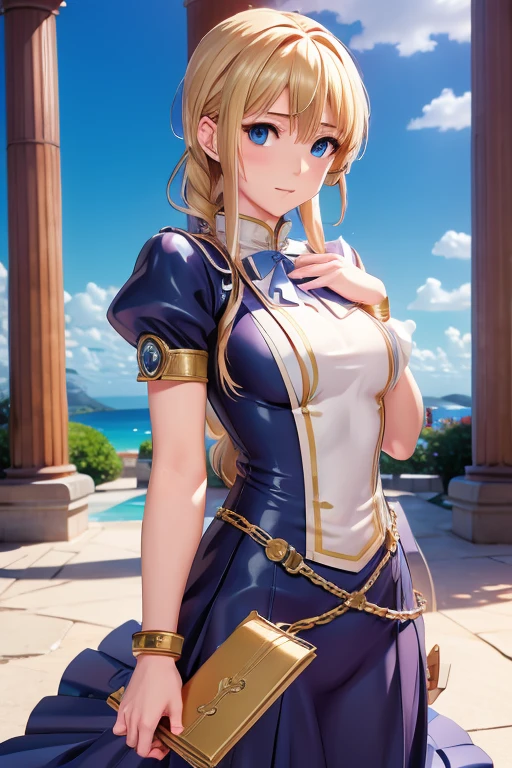 full color, Anime Style,  fantasy art, Automatically remember the human form, Only one person,  Precise Metal Prosthetic Hand , Arms Covered with Clothes , Blonde,  blue eyes, Quite an attractive appearance, , Letters to loved ones,  Violet Evergarden ,  blue and white clothes, 白いArms Covered with Clothes ,  sky background , sharp,  detailed and vivid depiction  ,  Fanart by Professional Illustrators, A fascinating piece,