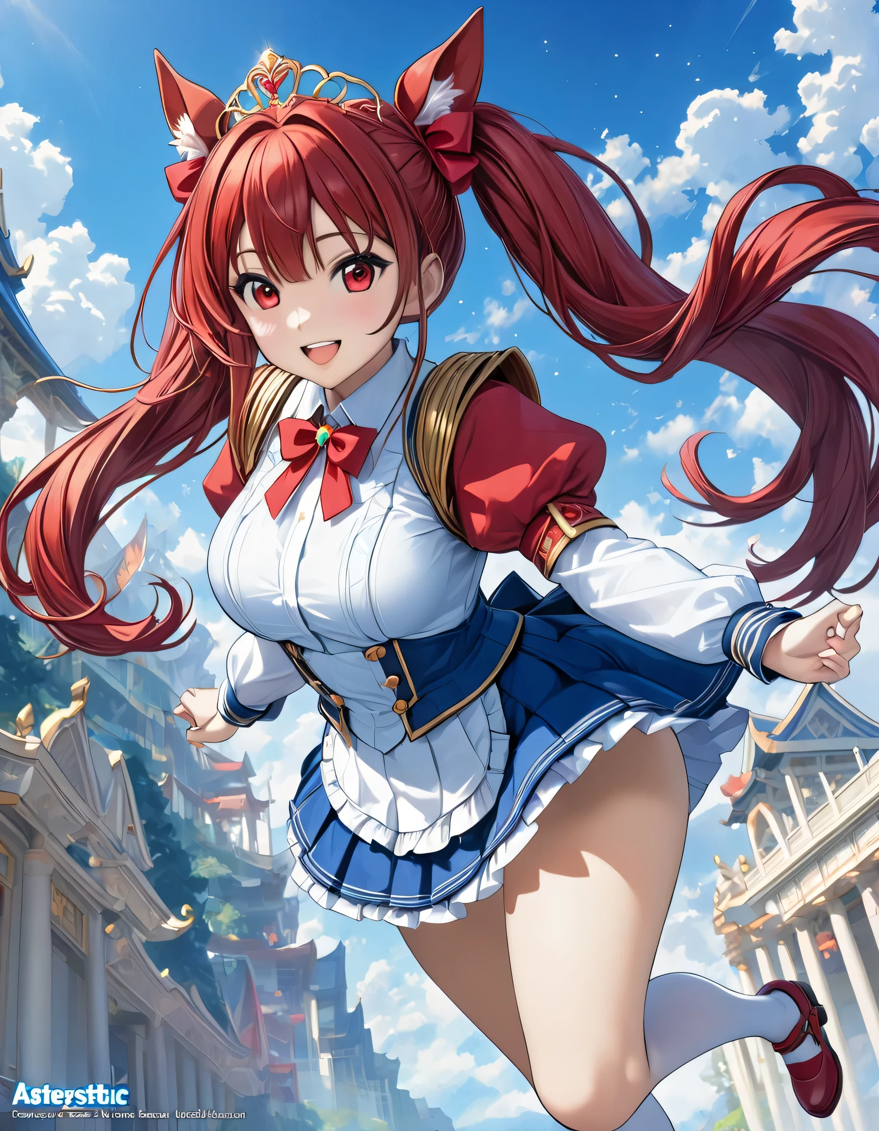  Daiwa Scarlet  (Horse Girl), red eyes, Horse&#39;s ears, Long Hair,  twin tails,  tiara , Horse's Tail, very Long Hair,  brown hair, Epaulettes,  garter belt ,  Long Sleeve ,  big breasts at the temple, red eyes,  bow tie, bangs,  Puff Sleeves,  blue jacket ,  White Thigh Socks , center frills,  white shirt, Hair between the eyebrows, White Skirt,  blue skirt ,  hair bow,  happy , smile,  absurd,  Hi-Res, ( Official Art,   Beautiful and Aesthetic:1.4),  ultra detail , Aerial, Beautiful person,  dynamic poses,  dynamic angle, nature, A vast world, Bright Sky, Cloudy, Star Effect,   knight ,