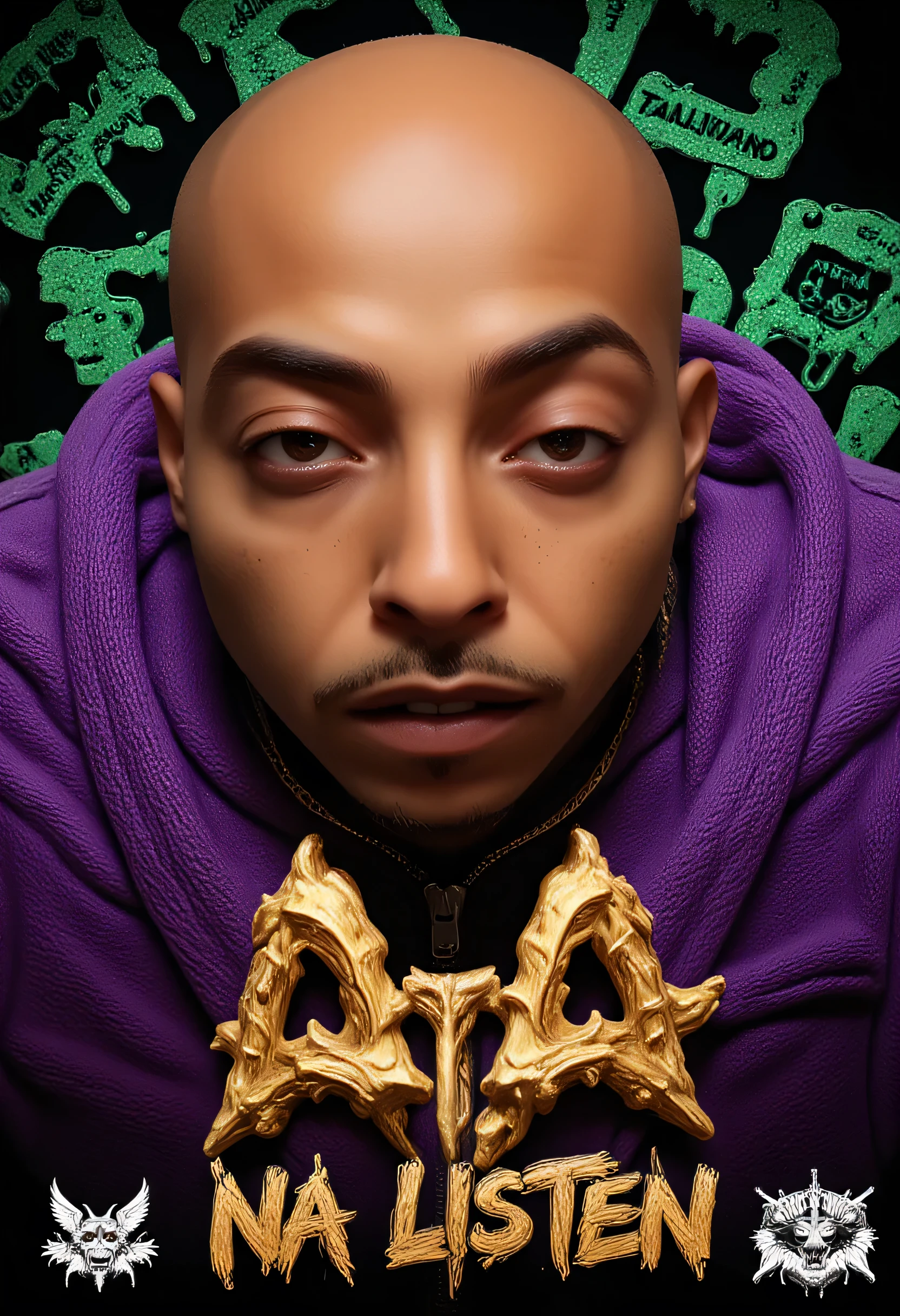 3D animated Character Nztykle . The man is Muscular Wearing Streetwear, the man has super close shaven skin Bald Head::5.1 , dreamscape portraiture, eye-catching detail, A 3D render of an anime-style bald-headed character with brown skin and glowing white eyes. The character is set against an ominous Purple and green background. The character exudes a mysterious aura. The background contains provocative text phrases like "Raptile," "Talijuano," and shocking confessions. The words "NA LISTEN" are prominently displayed in large, bold letters at the bottom, with a Purple and Green and Gold color scheme. The scene is further enhanced with mature elements such as 18+ icons, , and a smirking emoji, adding a controversial and mature touch to the theme. highly detailed illustrations, in the style of 8k resolution, in the style of realistic detail, juxtaposition of hard and soft lines, 
