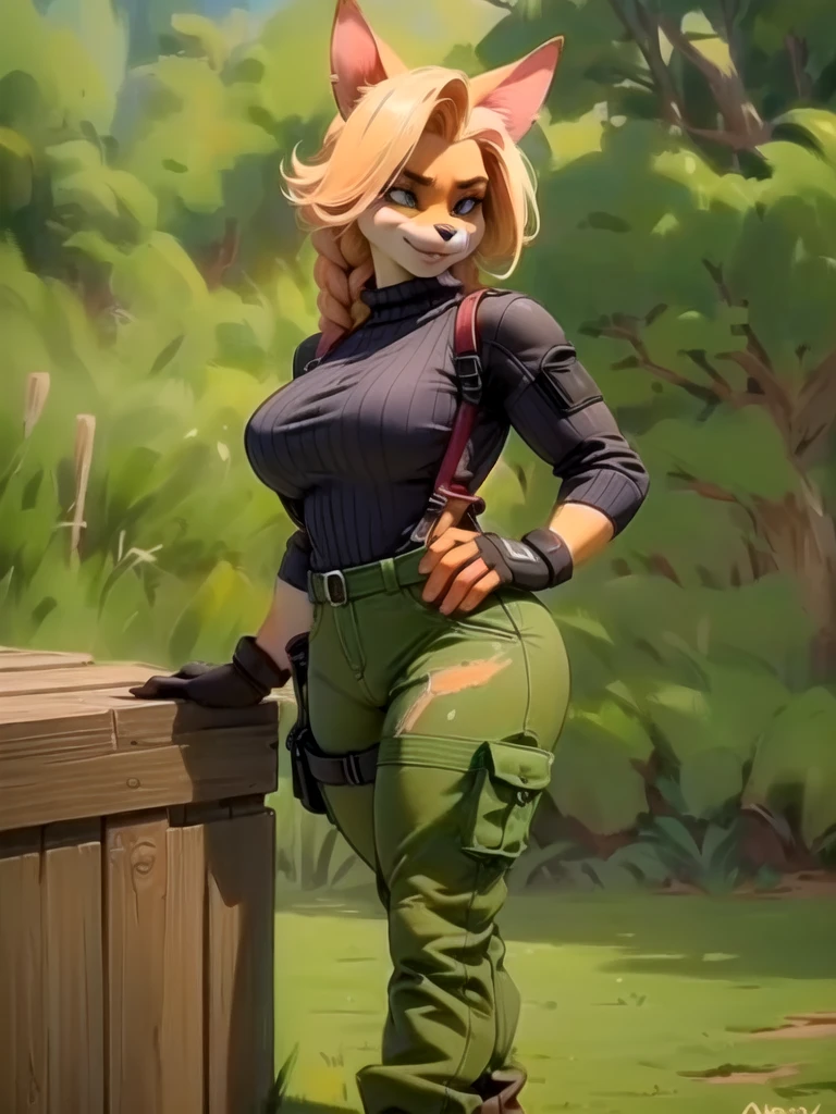 a furry, sancy anthro bandicoot girl, redhead braided hair, beautiful detailed green eyes, sexy seductive expression, warm sweater, tactical gloves, camouflage pants, army boots, (best quality,4k,8k,highres,masterpiece:1.2),ultra-detailed,(realistic,photorealistic,photo-realistic:1.37),concept art, digital painting, highly detailed, cinematic lighting, atmospheric, vibrant colors