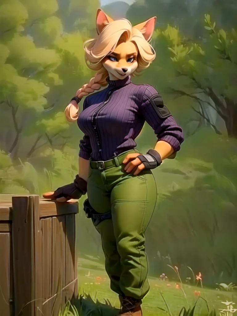 a furry, sancy anthro bandicoot girl, redhead braided hair, beautiful detailed green eyes, sexy seductive expression, warm sweater, tactical gloves, camouflage pants, army boots, (best quality,4k,8k,highres,masterpiece:1.2),ultra-detailed,(realistic,photorealistic,photo-realistic:1.37),concept art, digital painting, highly detailed, cinematic lighting, atmospheric, vibrant colors