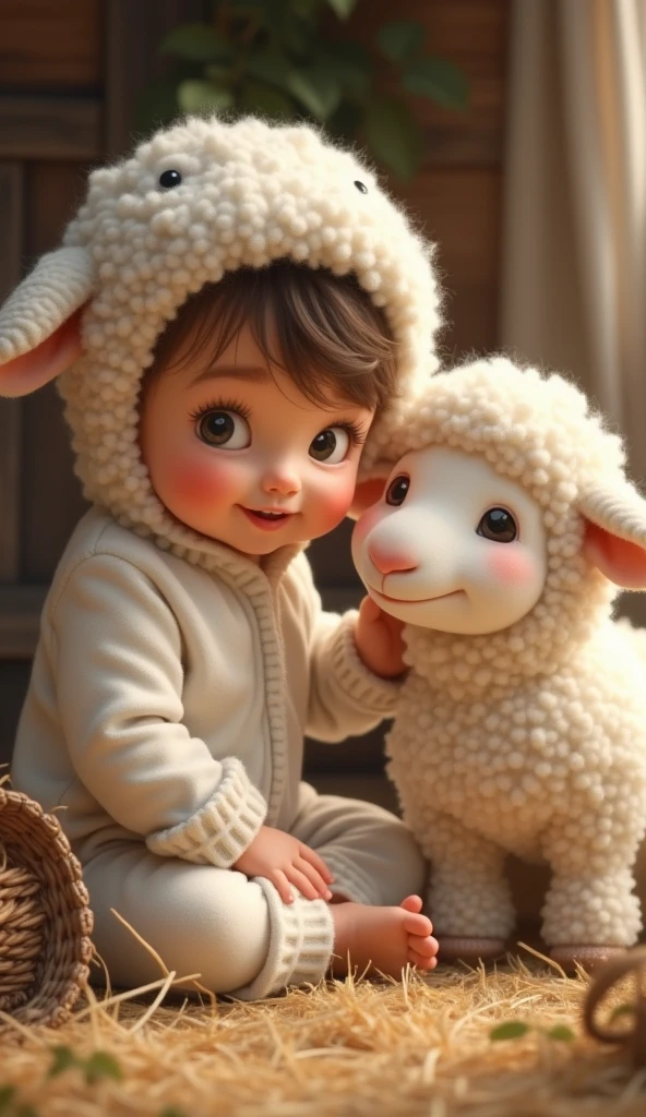 A child is petting a sheep,The wool on the sheep is as soft as wool knitting