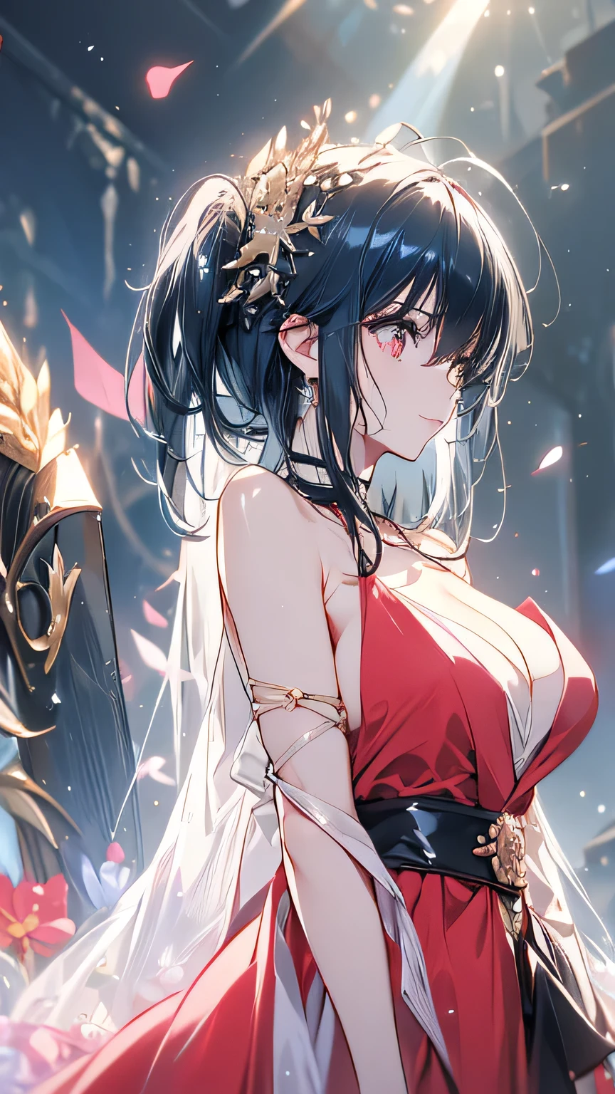 woman, Serious, Warrior, Armor,  elegant ,   pink dress , Aristocratic, silver element, Long nails,  bare shoulders, Hairstyle,  I'm going to raise my hair, Braids and ponytails, Messy, arrogant,  absurd, Detailed dress, Royalty, celebration, Hall decorated with flowers,  Cowboy Shooting,  portrait, ( best quality), (masterpiece), ( several people having fun with each other while having very detailed ), (4K)