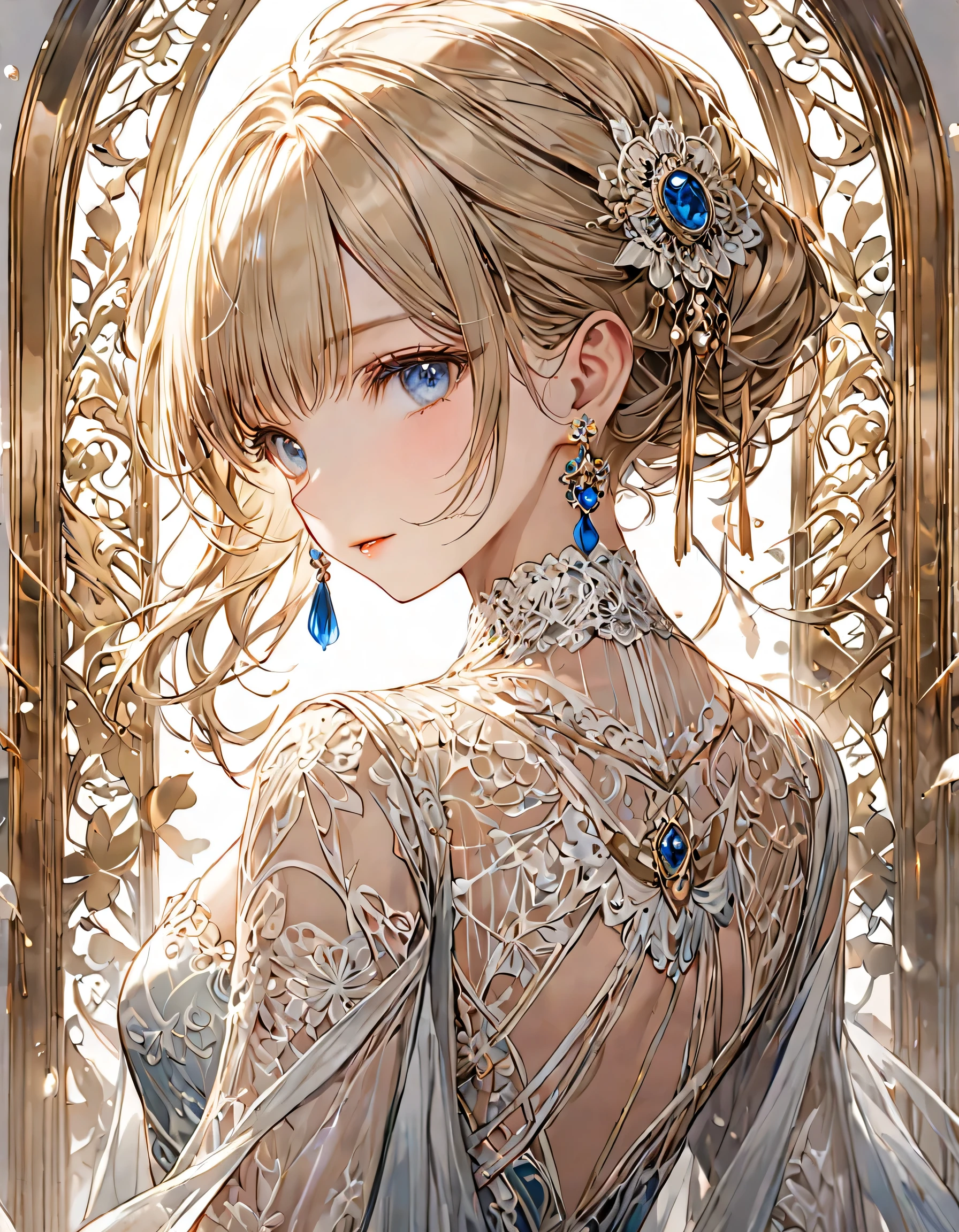 1girl, Design an image with intricate lace patterns, featuring delicate details, fine craftsmanship, and a sense of elegance.,masterpiece, best quality,Light golden hair, blue eyes.