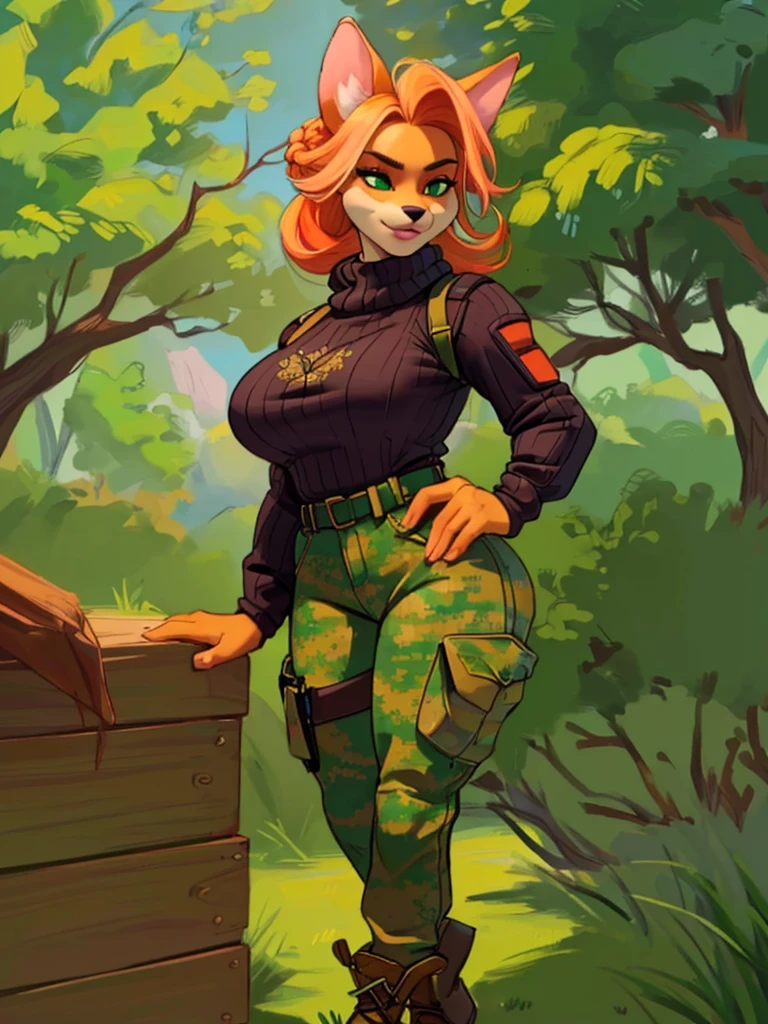 a furry, sancy anthro bandicoot girl, redhead braided hair, beautiful detailed green eyes, sexy seductive expression, warm sweater, tactical gloves, camouflage pants, army boots, (best quality,4k,8k,highres,masterpiece:1.2),ultra-detailed,(realistic,photorealistic,photo-realistic:1.37),highly detailed face, intricate texture, cinematic lighting, dynamic pose, vibrant colors, fantasy art