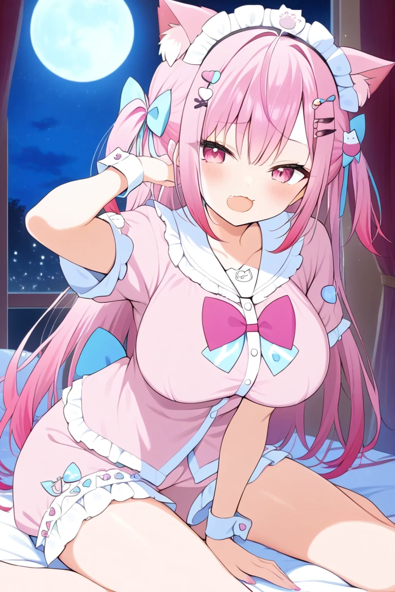 1girl,solo,sakuna,pink eyes,Beautiful Eyes,:3,mesugaki,skin fang,pink hair,cat ears,long hair,two side up,large breasts,hair ornament,wrist cuffs,sakuna,cute beauty idols,Stretching on the bed,pajamas,W-Sitting,at night,moon,window,fluttering curtains