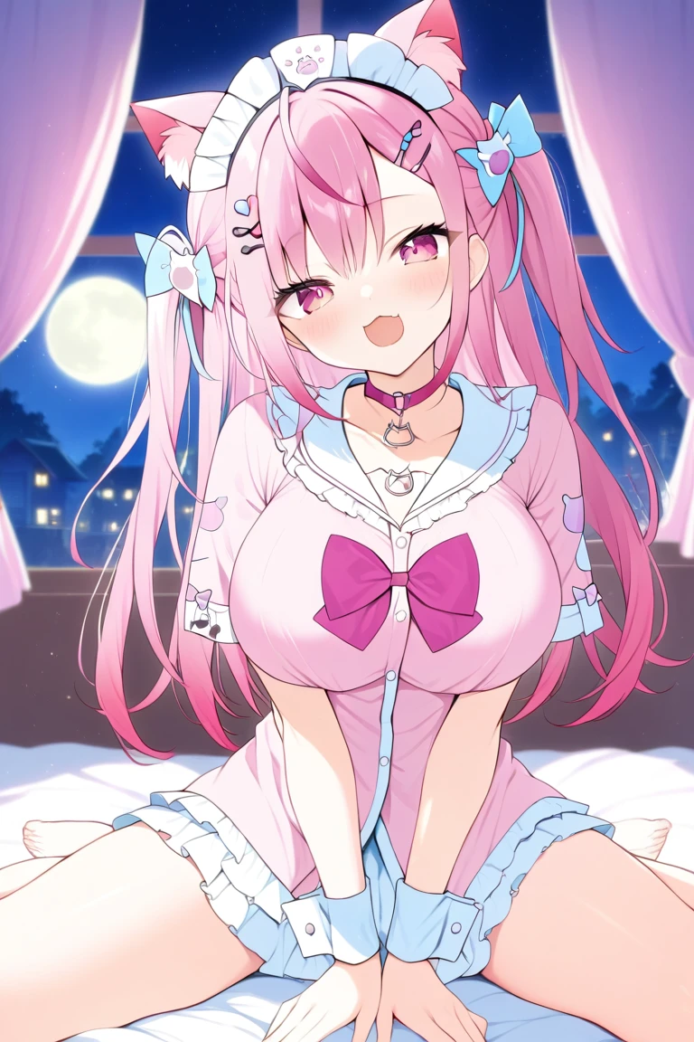 1girl,solo,sakuna,pink eyes,Beautiful Eyes,:3,mesugaki,skin fang,pink hair,cat ears,long hair,two side up,large breasts,hair ornament,wrist cuffs,sakuna,cute beauty idols,Stretching on the bed,pajamas,W-Sitting,at night,moon,window,fluttering curtains