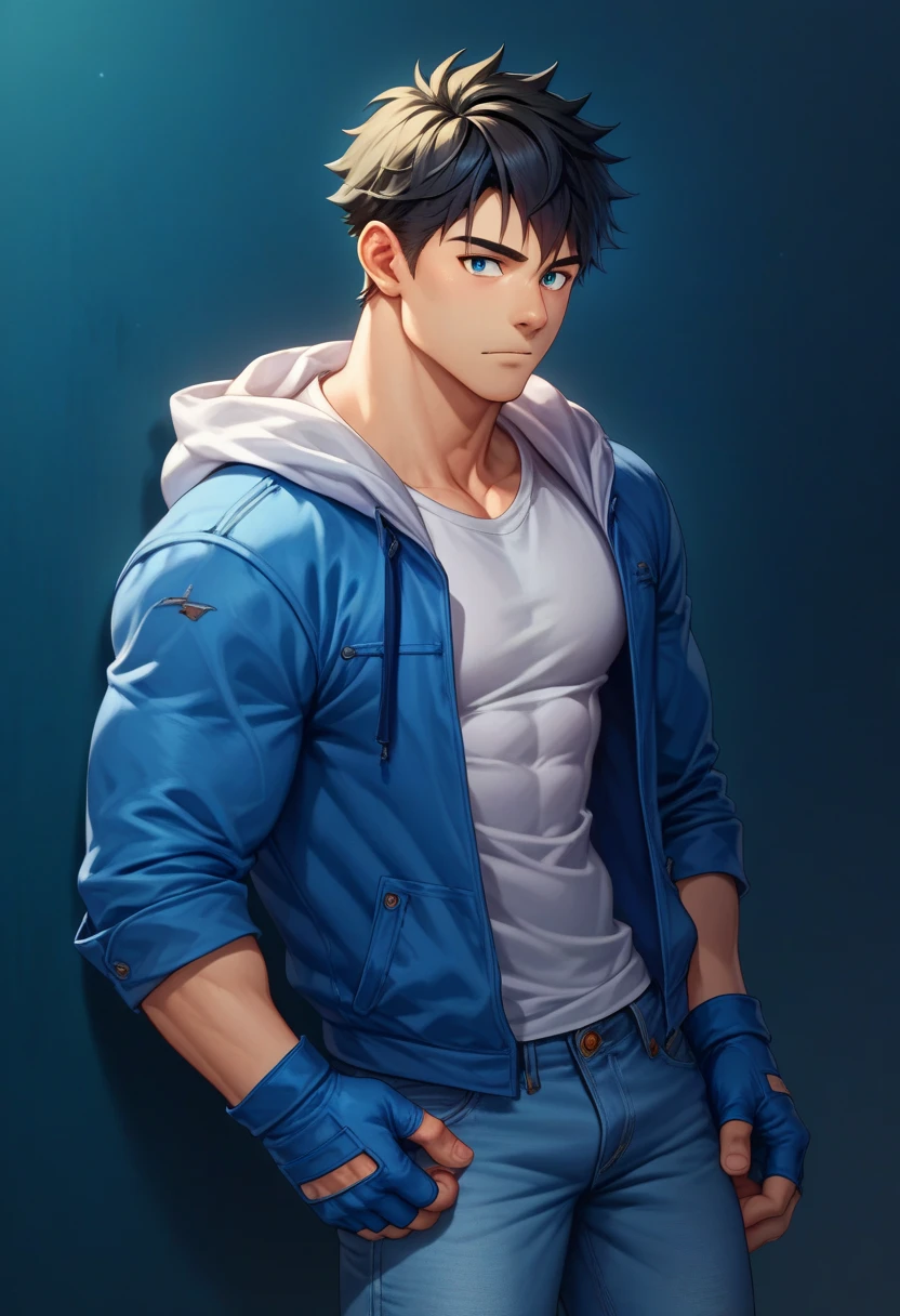  best quality, Alone, male focus,dark haired young man"Asuka" , Handsome and smart young man  ,   wearing a white hoodie, blue jacket, and jeans with fingerless driver gloves in his hands ,8ｋ ,2D Digital Art 