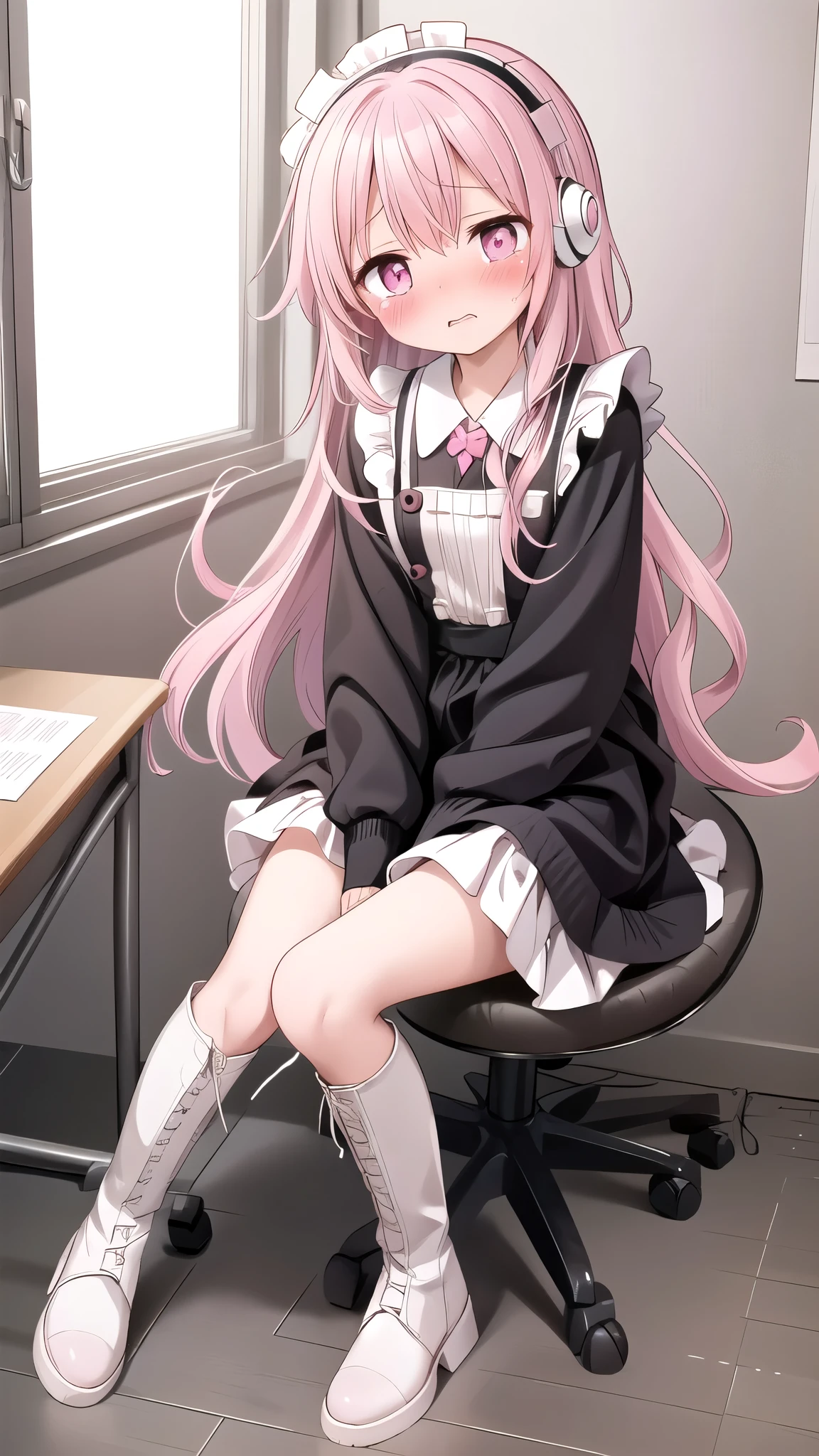  long pink hair，Maid costume， Pink Eyes ， black headphones ，White boots， blush shy，classroom scene， Embarrassment comes from ,  blush), ,, Look away, sit, Awkward,  blush, Mouth slightly open, classroom， white over-the-knee socks，classroom scene，eternal, cry, ,  tears are flowing from her eyes, Embarrassment comes from ,  blush), ( Girl is peeing : 1.2),, Look away, sit, Awkward,  blush, Mouth slightly open, classroom (Girl is leaking urine ): 1.5)