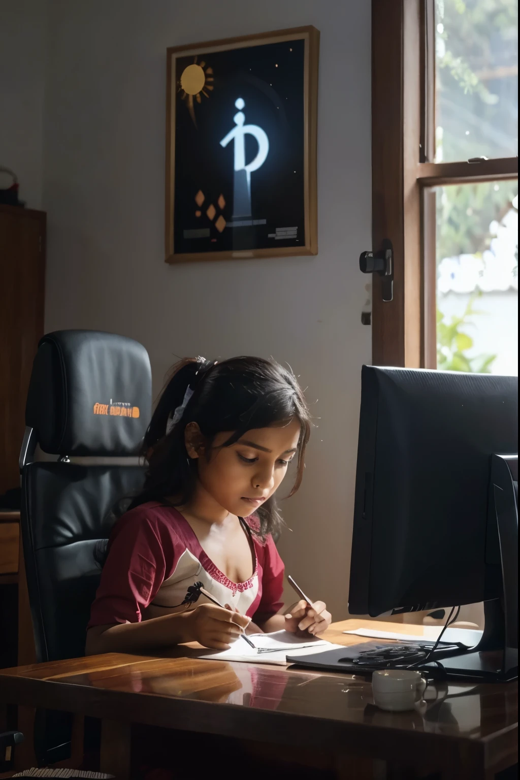 Indian girl sitting at table using laptop