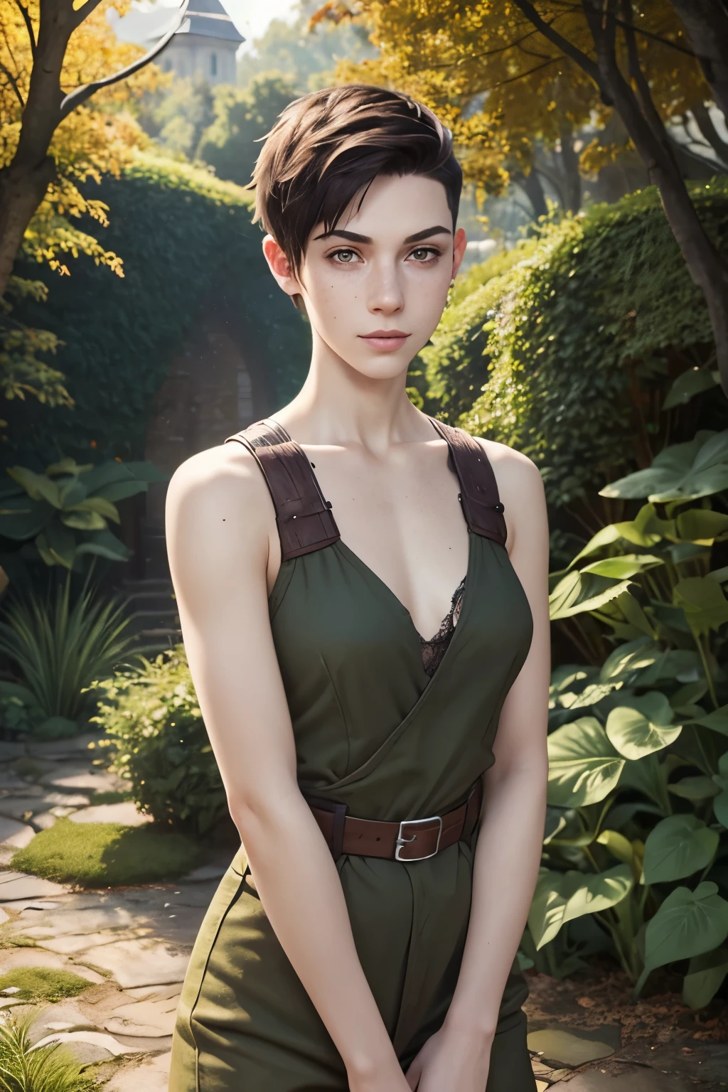 An androgynous female noble woman. Fantasy setting. Very short hair. Short manly haircut. Dark-brown hair with a undercut. Very pale skin with freckles and liverspots. Round soft face. Round soft chin. Round soft cheeks. Curved lips. Long wide nose. Dark brown eyes. Upturned eyes. Very thin, barely visible eyebrows. Long neck. Slim. Small chest. Long thick legs. Friendly. Kind. Androgynous. Tomboyish. Wearing simple clothing. Inside a medieval castle.