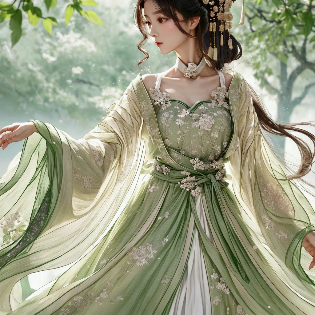 Close-up of a woman wearing a green dress, white hanfu, wearing a flowing dress, flowing dress, flowing robe, hanfu, ancient white dress, beautiful princess, Chinese style clothing, beautiful and elegant girl, very beautiful top model, flowing robe