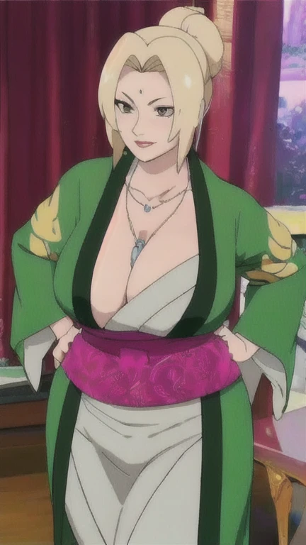 Tsunade senju,Saggy big breast,Aging,Wrinkle in face,Cleavage,Pearl earring,tsunade Pendant,Wedding ring,Green sleeve kimono with cleavage,Curvy figure,Brown eyes,((Colorless lip)),Visible nape,Smug,Seductive smile,light blush,Detailed eyes,Long sleeve,hime cut bang hair,Uzumaki clan mark,low updo bun ,1girl,Solo