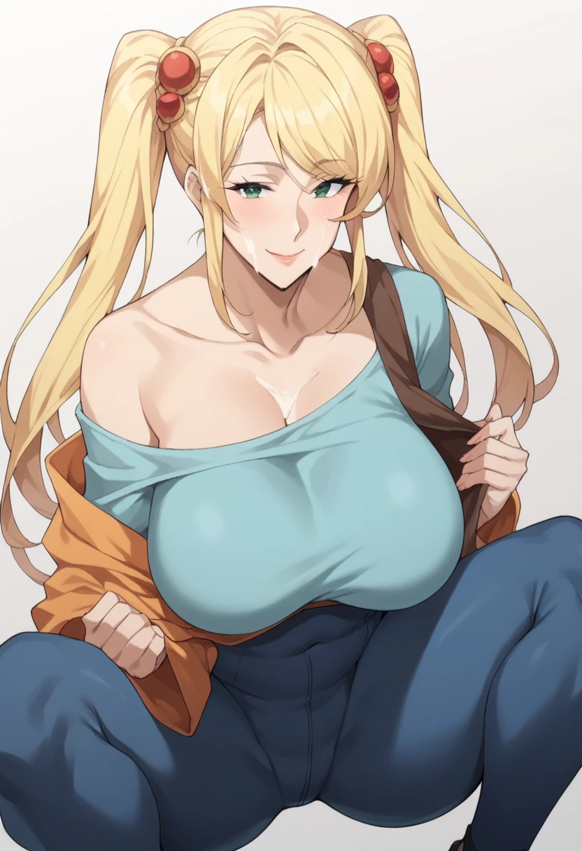  score_9,  score_8_up,  score_7_up,  score_6_up, sauce_Anime,Facial beauty, Expressive eyes,  break,  1 girl, Alone, ( mature woman , Older, Mature Woman, maternal), Darkness \(Konos Bar \), Long Hair, green eyes,  blonde hair, Hair accessories,  ponytails,  braided , x Hair accessories,  blushing, smile,  Viewers,  off-shoulder , ,  blue bodysuit 、 squatting, spread legs. clevis,  smile,  jewelry,  Big Breasts,