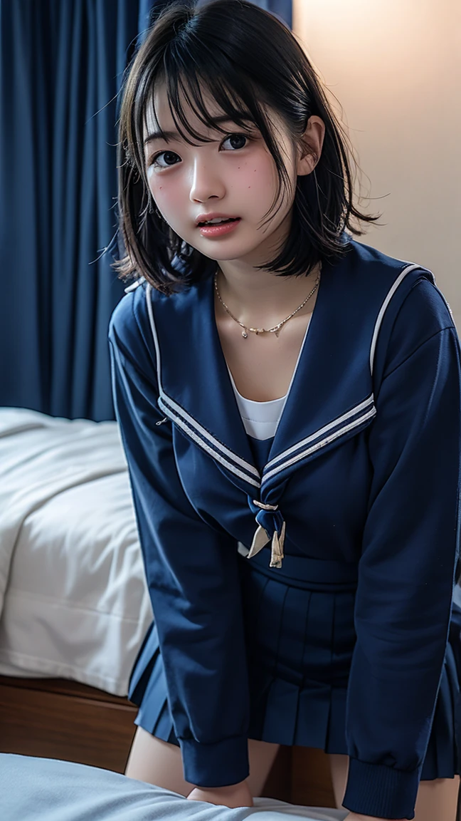 ((highest quality, masterpiece :1.3)), Photorealistic、Ultra-high resolution、Natural skin texture、Hyperrealism、Reflection from the waist up、Beautiful Japanese girl in her early teens、One girl、Chain bondage、Nurse's Uniform、Lying in bed、Frightened expression、Tears flowing