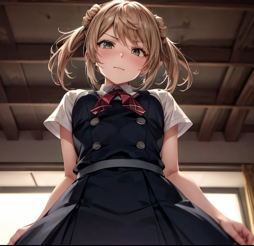 {{Love Live!!}},{{masterpiece}}, { several people having fun with each other while having very detailed }, ,(masterpiece,  best quality:1.2),  upper body, MichishioKC, {{from below }}, anger, shout,  school uniform, Pinafore dress, Green ribbon,  Viewers,  small breasts, 長袖 grabbing own breasts by hands