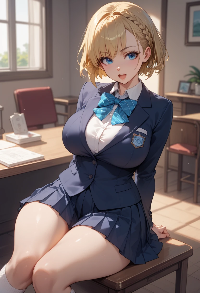 In 8K、highest quality、masterpiece、Super detailed、ultra high resolution、anime style、1 female、School、school girl blazer、Grape pleated skirt、You can see the polka dot pants、、Lens flare、(Cat ear)、Bob cut blonde hair、big breasts、、open your mouth and 笑顔、sit on a chair,Raise your legs to show your panties