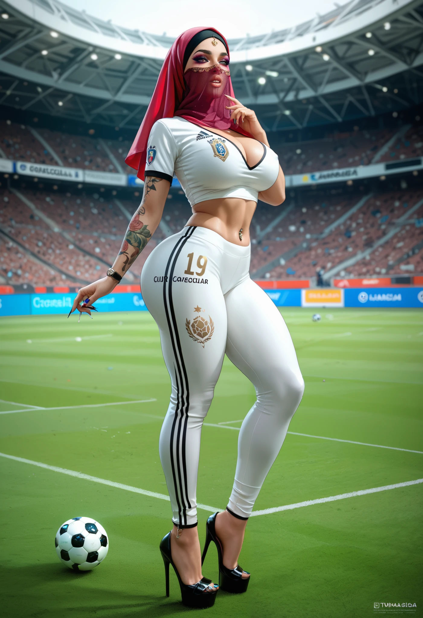 1 girl, silk hijab, face veil, wearing a dark green soccer jersey with an open cleavage, tight short, 7 inch high heels, polished nails,vibrant glossy pucked lips, makeup, tattoos, belly piercing, standing in the middle of a soccer stadium, a lot of soccer ball surrounding the area, big natural breasts, curvy hips, big rounded ass.