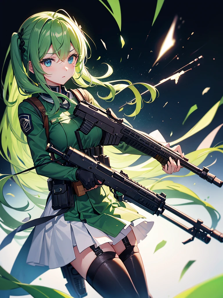 Elf girl holding a gun、Are standing、whole body、Cheerful pose、I raised one leg、Long Hair