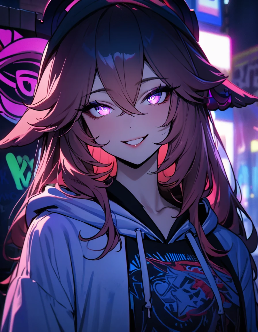 masterpiece,  best quality, 8k, detailed background , masterpiece,  best quality, smile,  t I ,  HOODIE, Portraiture, Neon Red, graffiti, dark, night, Shining Eyes,  Black Light,Yae Miko