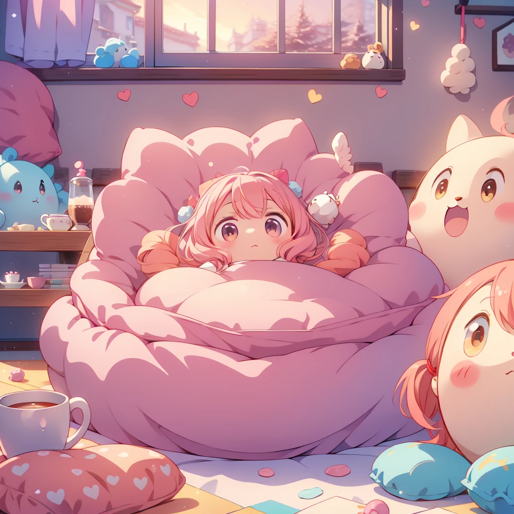  Futon with fluffy inside a coffee cup、 fluffy  who lives in a coffee cup 、Cute as an angel、Sweet candy house 、Yurukyara、 Pastel Color 、Soft light、