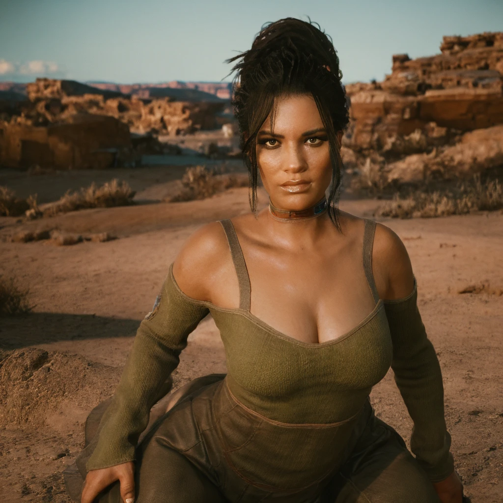 Cowboy shot of panam palmer, score_9, score_8_up, score_7_up, ((1 woman)), panam palmer, standing on a rock in the badlands, cute face, (very small breasts),
panam palmer wears a dark green top that showcases her thighs, blue jeans, ((solo)), having a toned muscular physic, defined jawline and high cheekbones, panam palmer sports long dark hair in a loose ponytail, rugged yet stylish, wide hips and big thighs,

ultra realistic, realistic, black nail polish:0.6, wallpaper, intricate, intricately detailed face and eyes, sharp focus, rtx, (looking at the camera), masterpiece, ultra detailed, high quality, best quality, 4k, 8k