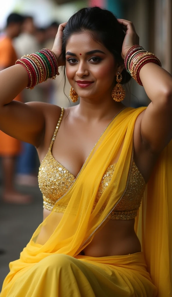 Create Full body image,Sexy indian bhabhi with huge enormous gigantic humgous enormous breast, wearing plenty bangles in hand, bindi on forehead,big earrings,big cheeks,hourglass figure,swooping Big huge enormous gigantic humgous breasts, Deep cleavage,hair bun tied up, navel,sultry, seductive eyes, wearing strapless yellow bra, sitting in a fish market,wearing half drape yellow transparent saree, both hands on head showing dark hairy armpits, crowded fish market,(cinematic:1.3), intricate details, (ArtStation:1.2)