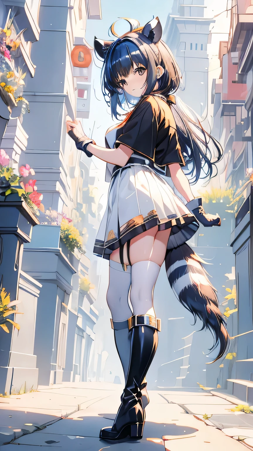 Rapha,  raccoon ears, Raccoon girl,  animal ears , Long Hair,  brown hair, raccoon Tail, Tail, Gloves, brown Gloves, belt, Thigh boots, Knee-high,  Absolute territory,  red ribbon, masterpiece,  best quality, Alone,  Movie Lighting,  Viewers, Full body pretty girl blue hair short hair loose fluffy bob flower hair ornament white t-shirt orange pleated skirt high heels