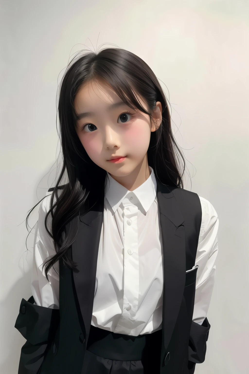 1girl, black random formal attire, white background,