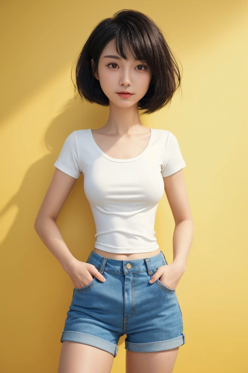 1girll,Sit on a comfortable sofa,Cross ed leg,Soft light，perfect body figure，Big breasts Thin waist，blue short hair，White tight shirt with sleeves，Light blue jeans，