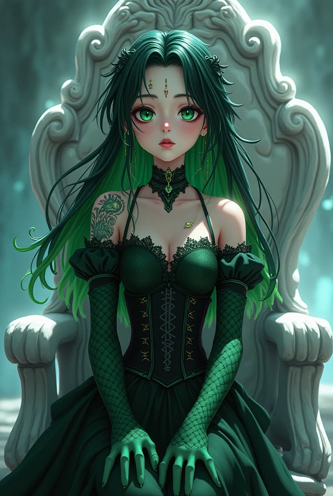 Un chat noir au yeux vert , angora , avec un collier et une fleur dans les cheveux et une couronne de fleurs