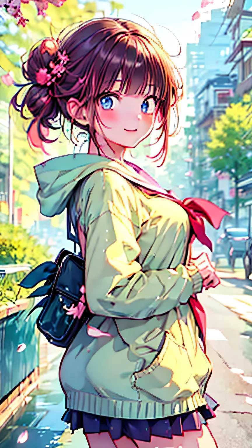 A girl with pink hair and green eyes poses for a photo shoot, Spring Cherry Blossoms,  Best Anime 4K Kona-chan Wallpaper ,  seductive anime girl,  Kitagawa Marin fan art , Cherry blossom petals around her,  Splash Art Anime Lori , Anime Style 4k,   Anime Moe Art Style ,   high quality anime art style with long brown hair and blue eyes ,  Detailed Anime Art , Anime Wallpaper,   anime best girl  