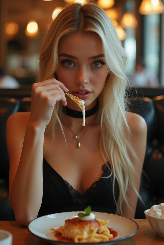 (photorealism:1.2), beautiful young woman, Blonde, with a ponytail, she is at a restaurant and she is eating burrata with cherry tomatoes, sexy, with a plunging neckline.