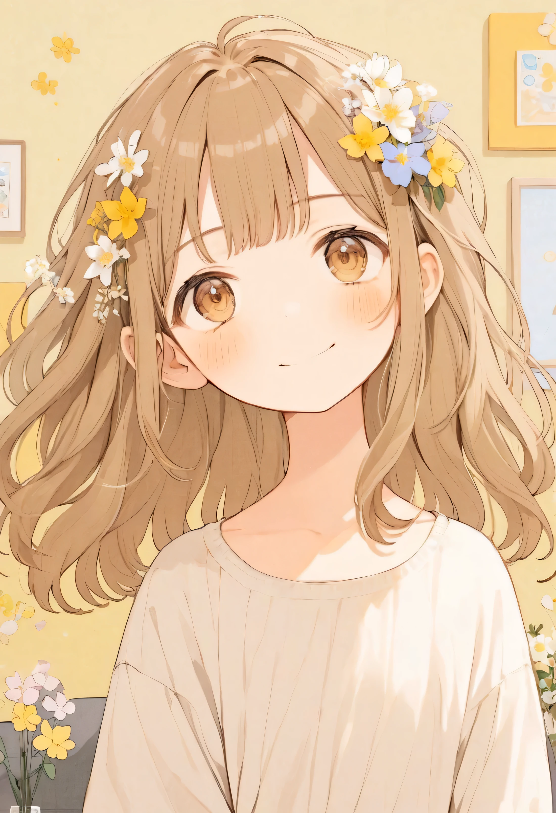 a  girl、A smile、short non-binary person, wavy brown eyes and hair、Simple modern living room background with flowers